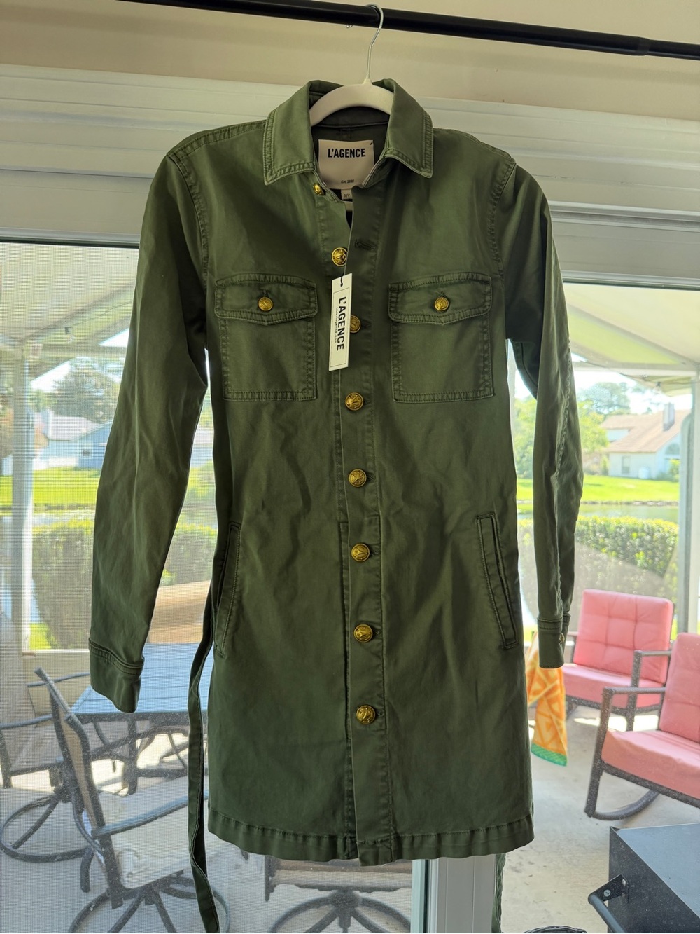 L'AGENCE Olive Green Utility Shirt Dress / Jacket with Belt and Gold Buttons - Picture 8 of 11